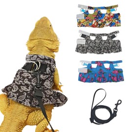 Lizard Harness Dress and Leash, Adjustable Hamster Ferret Harness and Leash Set, No-Pull Walking Vest for Lizard Small Animal Gecko Chameleon (Black, S)