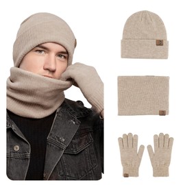 MARUKO 3 Pcs Men's Beanie Hat Scarf and Touch Screen Gloves Set Winter Thermal Elastic Thicken Warm Fleece Inner Lining Knit Beanie Cap Winter Men's Accessories (Khaki)