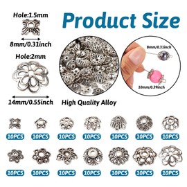 Pandahall 140Pcs Tibetan Style Flower Bead Cap Antique Silver Flower Bead Cap 14 Styles Bead End Cap Charms Alloy Filigree Metal Spacer Beads for DIY Earring Bracelet Jewelry Making