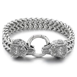 Klapgo Silver Stainless Steel Wolf Head Link Chain Bracelet for Men Vintage Gothic Bracelets for Men Biker Jewelry Franco Link Gift for Him