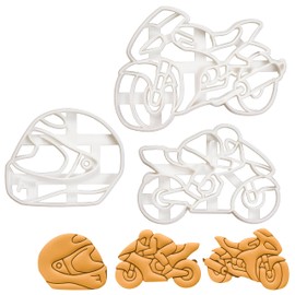 Set of 3 Motorcycle Cookie Cutters (Motorcycle Helmet, Motorcyclist, and Motorcycle) 3 Tiel