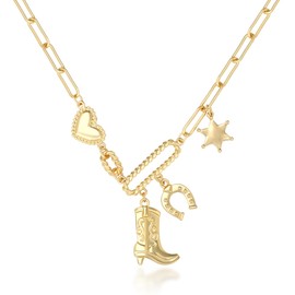 BONJOULRY Charm Necklace for Women Gold Cowboy Cowgirl Horseshoe Boot Heart Hexagram Pendant Dainty Western Charms Chunky Chain Choker Necklace Jewelry Gifts Boots