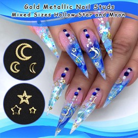 3D Metallic Nail Art Studs for Acrylic Nails, Mixed Sizes Gold Hollow Star Moon Alloy Nail Rivets Jewelry for Women Girls Manicure Nails Supplies DIY Crafts Decorations