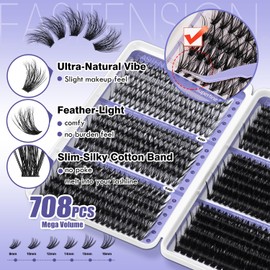 DIY Lash Clusters Kit 30-100D Volume Eyelash Extension Kit 8-16mm Thick Individual Lashes 708pcs with Lash Bond and Seal, Lash Tweezers, lash brush,Super Thin Band Eyelashes