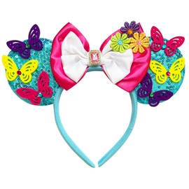 FUGUIZHU Mouse Ear Headband,Encanto Bow Ear Hairband,Sequin Butterfly Flower Princess Bow Ears Hairband for Women Adult Cosplay Costume Birthday Party Decorations Favor Glitter Hair Accessory-92
