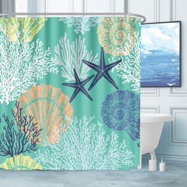 Tritard Extra Long Nautical Coastal Shower Curtain Starfish Seashell Coral Beach Themed Bath Curtain Waterproof Fabric Ocean Shower Curtains for Bathroom with 12 Hooks, 72x84, Turquoise