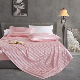 Manyshofu Blush Pink Satin Striped Sheets - 3Pcs Satin Sheets Twin Size, Cooling Silky Satin Bed Sheets Luxury Bedding Sheet Set(1 Satin Fitted Sheet, 1 Satin Flat Sheet, 1 Satin Pillow Cases)