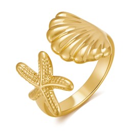 HolidayQbee Gold Ring For Women Shell Starfish Ring Statement Gold Sea Shell Rings Adjustable Summer Ocean Gold Rings Fashion Beach Seashell Jewelry Present