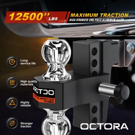 OCTORA Adjustable Trailer Hitch Fits 2-inch Receiver, Heavy Duty Aluminum Tow Hitches,6-inch Drop/Rise, Solid Tube Hitch,for Truck(12,500 LBS GTW), Double Anti-Theft Locking Hitch Pins (Black)