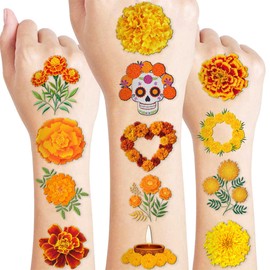 100 PCS Marigold Flower Temporary Tattoos Themed Birthday Party Decorations Favors Supplies Décor Mexico Dia de Los Muertos Day of The Dead Tattoo Stickers Gifts For Game Boys Girls Classroom School