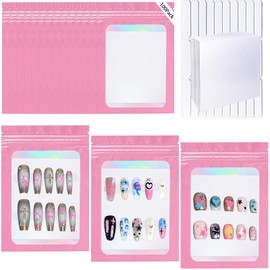 Sawvolker 100 PCS Press On Nails Packaging Bag Holographic Nail Storage Bag and 100PCS Shiny White Pearl Card with 7 Sheets Pre-cut Nail Tape (Pink)