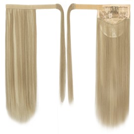 BARSDAR Light Ash Blonde Mix Straight Wrap Ponytail Extension - 20 Inch Long Straight Wrap Around Ponytail for Women, Synthetic Clip in Blonde Pony Tails Hairpieces Daily