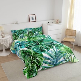 Feelyou Palm Leaf Comforter Set Queen Size for Kids Hawaiian Tropical Botanical Bedding Set for All Season Green Palm Tree Decor Soft Comforter + 2 Pillow Shams Boys