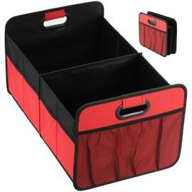 Simple Deluxe Trunk Organizer for Car/SUV/Truck, Collapsible 2 Compartment 50L Automotive Storage Box with 5 Pocket, 600D Waterproof Oxford Polyester, Anti-slip & Leak-proof, Red New