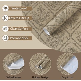 Toduso Peel and Stick Wallpaper Vintage Wall Paper Boho Contact Paper Brown Floral Removable Wallpaper for Bathroom Bedroom Flower Waterproof Self Adhesive Vinyl Drawer Decor 17.3"x393.7"