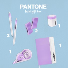 PANTONE™ Pastel Gift Box - School Supplies with 2 Black Ballpoint Pens Pen Tip 0.7 mm, 1 Notebook, Eraser 2 Pieces, 1 Sharpener with Tin and 1 Correction Roller 10 Metres, Aesthetic School Stuff