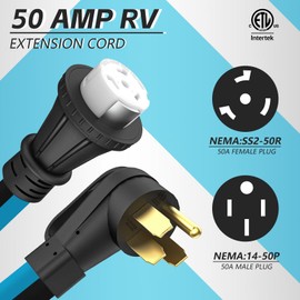 WININRV 50 Amp 50 Foot RV/EV Extension Cord, Heavy Duty STW Cord with Storage Bag,NEMA 14-50P/R Standard Plug Suit for EV Charging and RV Trailer Campers, ETL Listed (50 FT Black&Blue)