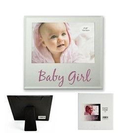 [2pcs] Lylac Homeware Glass Baby Girl Photo Frame, 18x17 cm, White with Pink Glitter Text