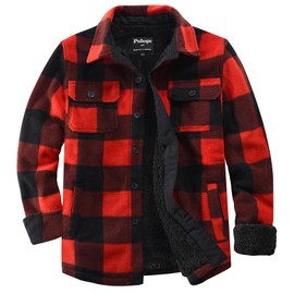 Puhope Men's Polar Fleece Warm Sherpa Lined Shirt Jacket for Men Thick Button Down Jacket with Multi Pockets Red/Black Large