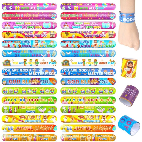 LovesTown 48PCS Christian Snap Bracelets, Bible Verses Religious Slap Multi