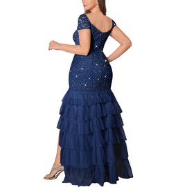 MISSMAY Women's Plus Size Sequin Floral Lace Mesh Tiered Ruffle Slit Mermaid Long Formal Evening Gown Dress Navy Blue