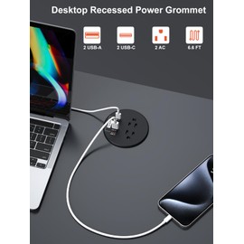 Desk Power Grommet 3 inch with PD20W USB C Ports 2 AC Outlets,Recessed Power Grommet Outlet Fast Charging Station,Desk Hole Grommet Outlets,Round Deskt Grommet Outlet for Office,Home (Black)