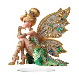 Surakey Mini Table Flower Fairy Statue Figurine Ornament Butterfly Fairy with Diamond Home Fairy Garden Decor 2D Acrylic Fairy Ornament Bookshelf Windowsill Bonsai Landscaping Resin Decoration