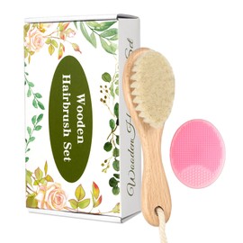 Wooden Soft Goat Bristles Brush with Baby Silicone Hair Scrubber Cradle Cap Brush for Newborn, Toddler, Infant, Baby Hair Care Kit (Pink)