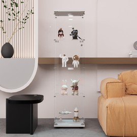 GDJAASJI Glass Display Cabinet with LED Light and Lock, 4-Shelf Fast Installation Curio Cabinets with 5mm Tempered Glass Floor Standing Bookshelf for Bedroom (64" Hx 16.7" W x 14.3" D, White)