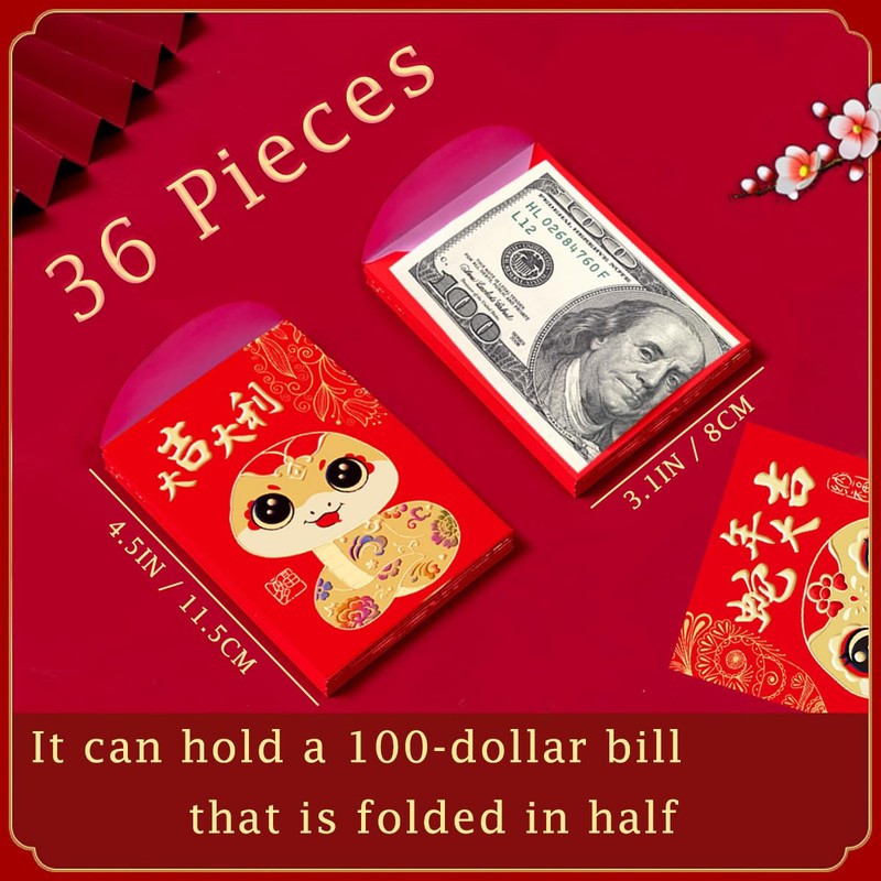 36 Pieces Chinese New Year Red Envelopes 2025, Lunar New