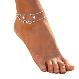 Bufenia Beach Pearl Anklet Silver Lucky 8 Ankle Bracelets Chain Beaded Foot Jewelry Adjustable for Women