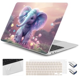 Yebiseven for M1 MacBook Air 13 inch Case 2021 2020 2019 2018 Model A2337/A2179/A1932, Laptop Hard Shell Case with Keyboard Cover & Trackpad Protector & 2 OTG Adapters, Lovely Elephant