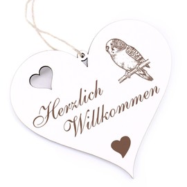 Herzlich Willkommen Sign, Sitting Budgie, Decorative Heart, Wooden Welcome Sign, Door Sign, Door Decoration