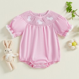 Amnnchya Easter Cute Baby Girl Outfit Bunny Short Sleeve Rabbit Bubble Romper Newborn Infant First Easter Clothes (Pink, 6-12 Months)