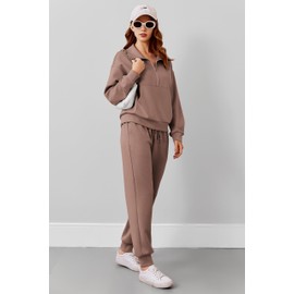 PINSPARK Travel Outfits for Women 2 Piece 2024 Fall Long Sleeve Lounge Sets Jogger Sets Half Zip Sweatsuits Tracksuits with Kangaroo Pockets,Taupetastic Small