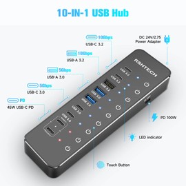 RSHTECH 10-Port Powered USB C Hub 66W with 3x10Gbps USB-3.2 Data Ports (2C + 1A), 4 USB 3.0 Ports (2C + 2A), 2 USB-C PD 45W Charging Ports and PD 100W, USB Expander Splitter for Laptop, RSH-ST10P