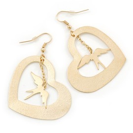 Open Cut Heart With Dangling Swallow Drop Earrings In Gold Tone - 60mm L