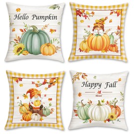 Bonhause Autumn Pumpkin Cushion Covers 45 x 45 cm Beige Green Orange Pumpkins Gnomes Fall Leaves Decorative Throw Pillow Covers for Sofa Bed Home Garden Patio Decor Set of 4