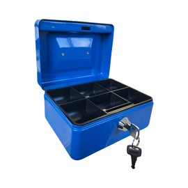 Requisite Needs Metal Money Box Tin 6" Steel Cash Safe Box Petty Cash Deposit Tin with Lock 2 Keys for Security (BLUE)
