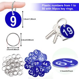 AFASOES Pack of 50 Number Marks Numbered Identification Marks 1-50 Key Tags Plastic Key Ring Numbers with 50 Key Rings Key Tag Numbers Pendant for Hotels Gym, blue