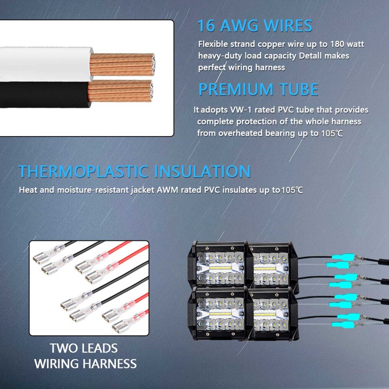 LED Light Bar Wiring Harness Kit, 300W 2 Leads 16