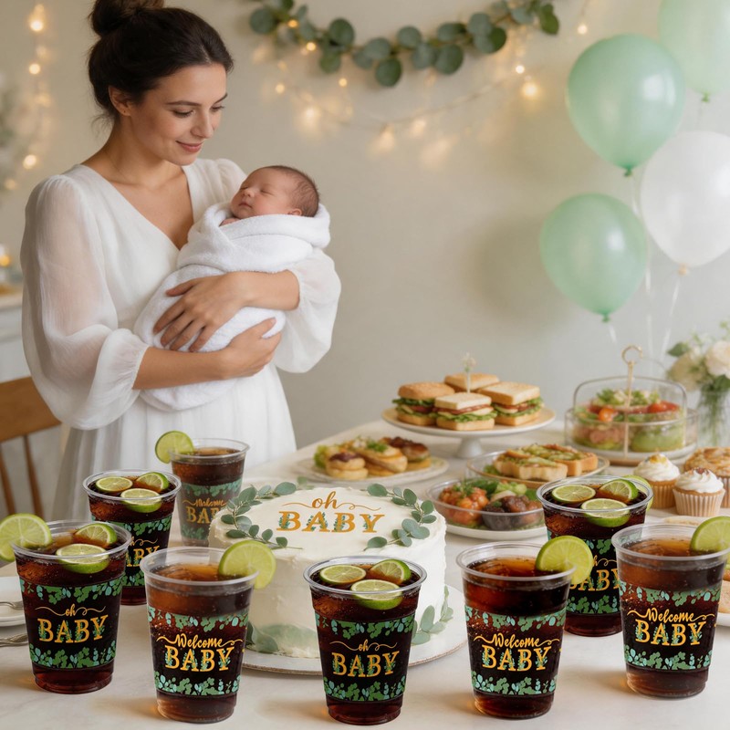50 PCS Sage Green Baby Shower Plastic Cups,12 OZ Clear