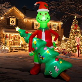 7FT Grinch Christmas Inflatable Outdoor Decoration, Green Monster Holding Christmas Tree, Built-in 6 Bright LED Lights, Fun Christmas Yard Decorations Outdoor