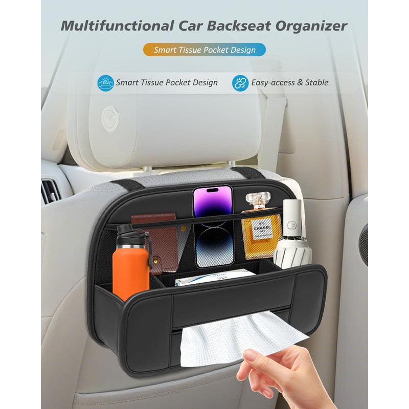FLORICH Hanging Car Backseat Organizer, 5-in-1 Premium Leather Headrest Seat