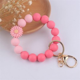 Fuqimanman2020 Daisy Flower Silicone Beads Wristlet Keychain Cute Sunflower Key Ring Holder For Women Girls-Pink