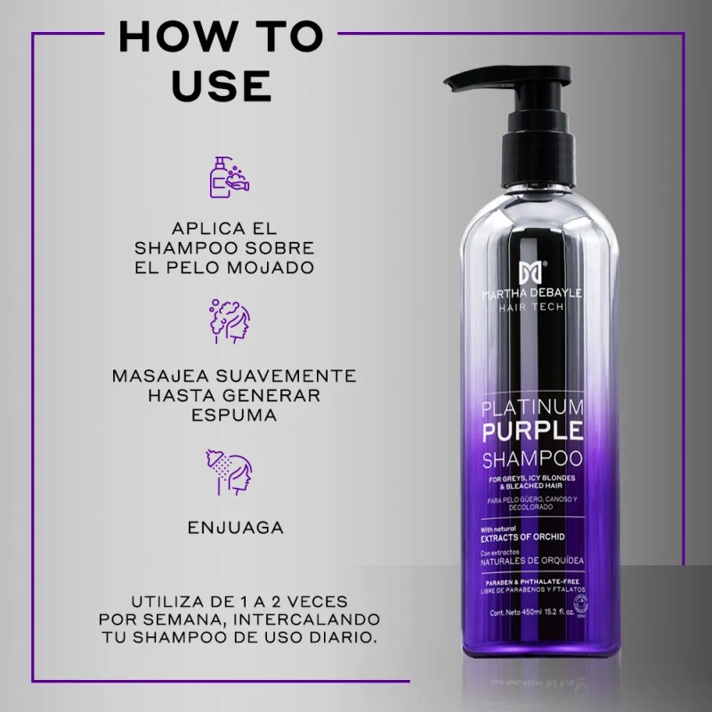 MARTHA DEBAYLE HAIR TECH Platinum Purple Shampoo. Matiza y neutraliza.