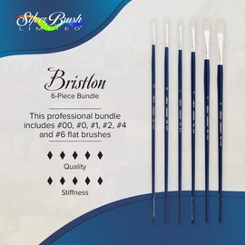 Silver Brush Limited BR-1951 Bristlon Long Handle Flat Brushes with Very Stiff White Synthetic Tips, 6pc Premium Artist Painting Set for Acrylic, Oil, Watercolor & All Media, Sizes 00, 0, 1, 2, 4, & 6