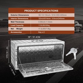 VEVOR Underbody Truck Box, 24"×14"×16" Pickup Storage Box, Heavy Duty Aluminum Diamond Plate Tool Box with Lock and Keys, Waterproof Trailer Storage Box with T-Handle Latch for Truck, Van, Trailer - size: 36x14x16(inch)