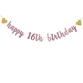 XIAOLUOLY Rose Gold Glitter Banner,Pre-Strung,16th Birthday Party Decorations Bunting Sign Backdrops,Happy 16th Birthday