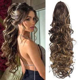 Claw Clip Chocolate Brown with Highlights Ponytail Extension for Women Long Wavy Pony Tails Hair Extensions Fluffy Natural Looking 24 Inch hair extensions ponytail for Daily Use